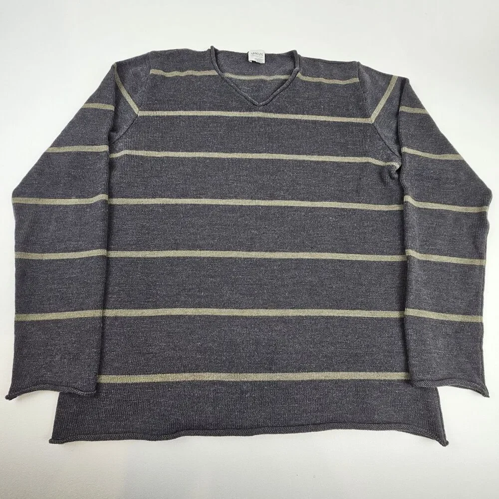 Armani Collezioni Men's M Merino Wool Sweater Made Italy V Neck Striped Gray